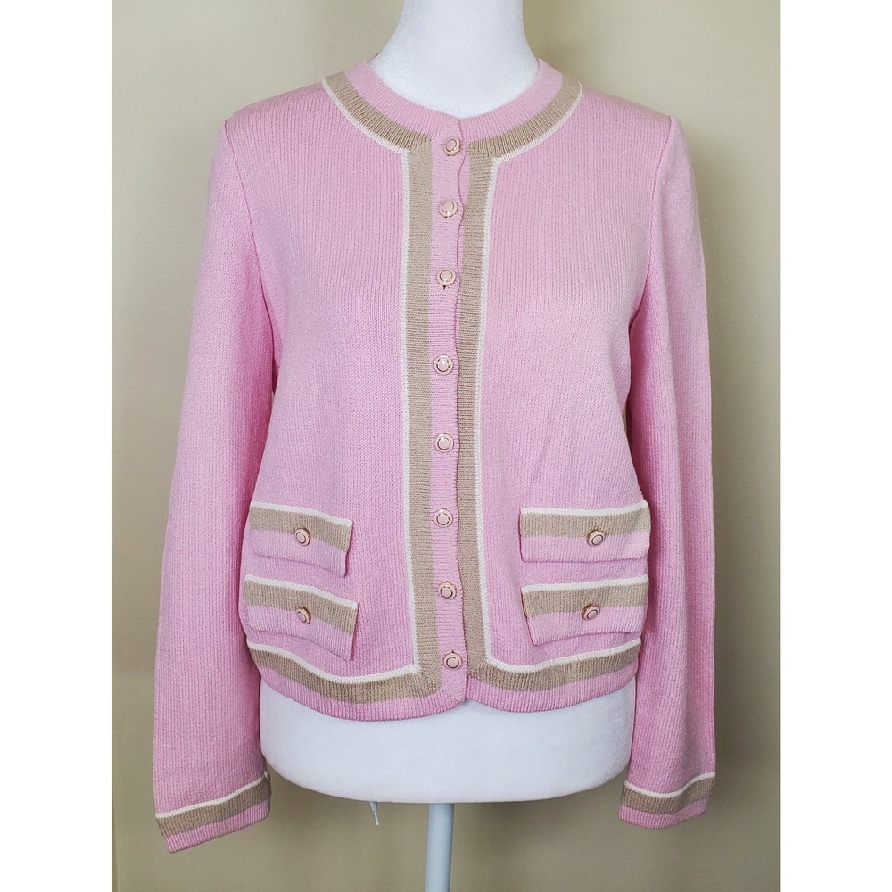 St John Collection Size 2 Santana Knit Pastel Baby Pink Beige Cardigan Sweater